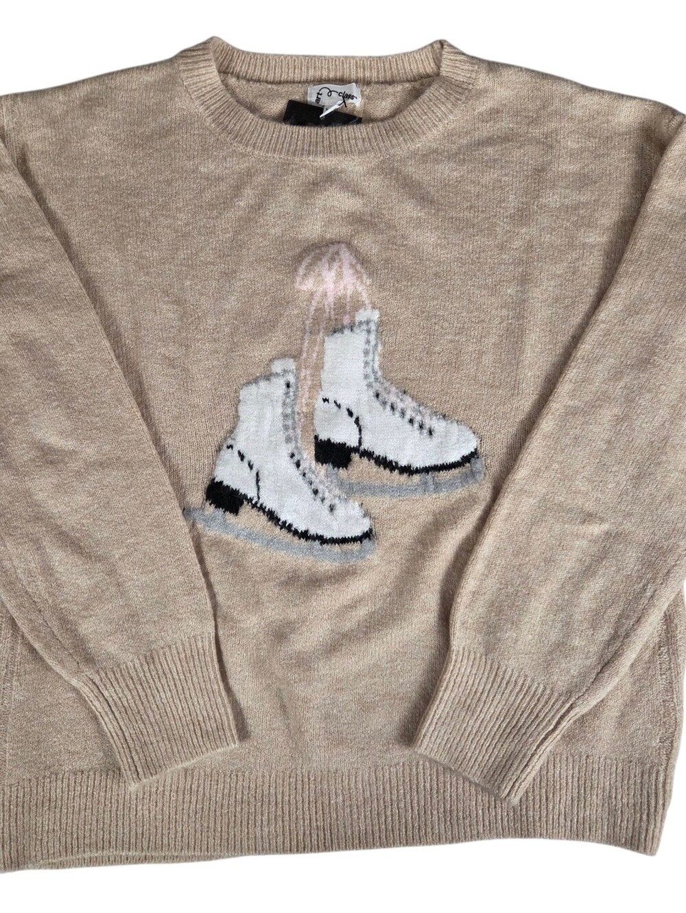Ice Skating Knit Sweater NEW Girls Large 10-12 -Tan -Long Sleeve -Art Class